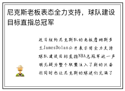 尼克斯老板表态全力支持，球队建设目标直指总冠军